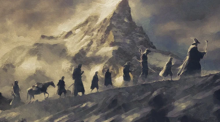 A painting of travelers crossing a mountain ridge