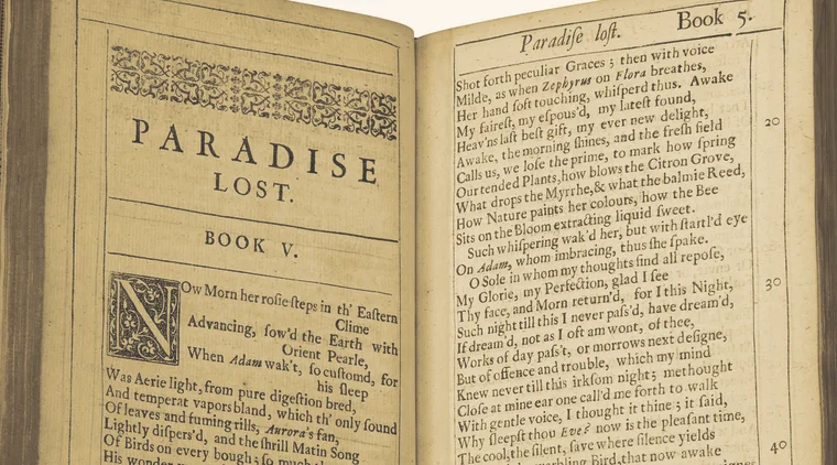 An early printed edition of Milton's Paradise Lost, open to Book V