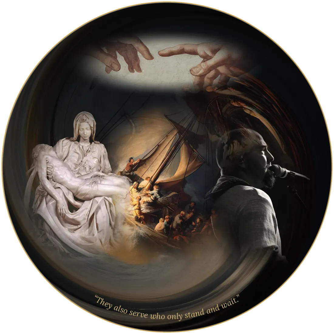 Sacred art swirling together in a circle: Rembrandt's Storm on the Sea of Galilee at the center, surrounded by Michelangelo's Piet&agrave;, the hands from the Creation of Adam, and a worship leader singing